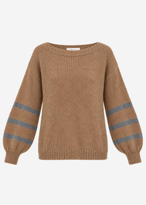 Kurzer Strickpullover mit gestreiften Ärmeln - camel