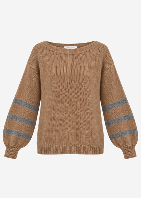 Kurzer Strickpullover mit gestreiften Ärmeln - camel