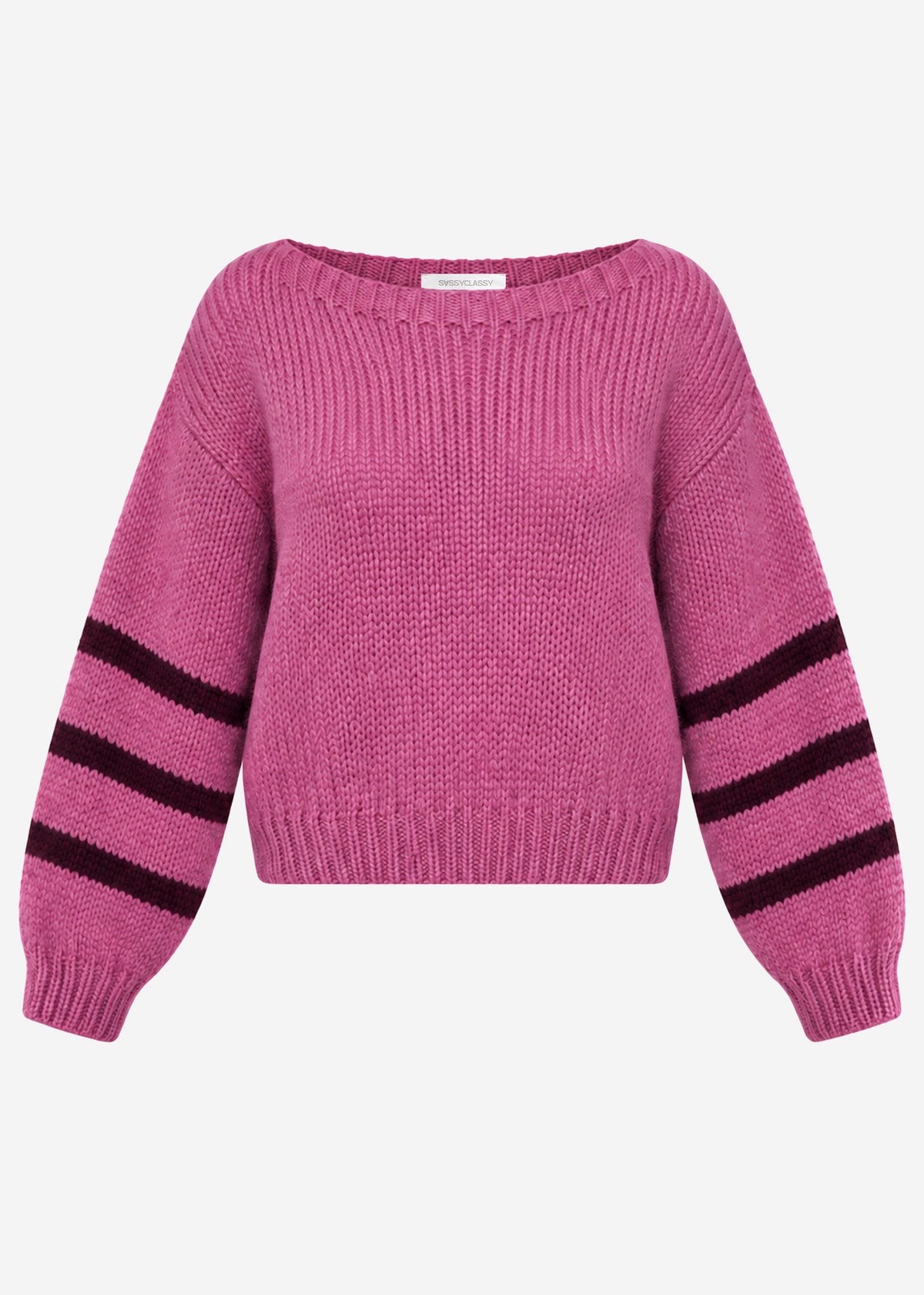 Kurzer Strickpullover mit gestreiften Ärmeln - beere