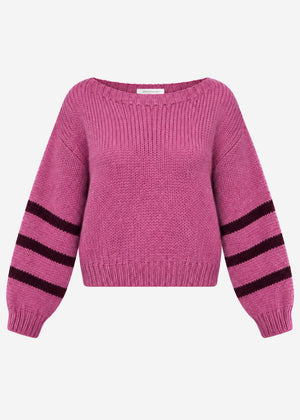 Kurzer Strickpullover mit gestreiften Ärmeln - beere