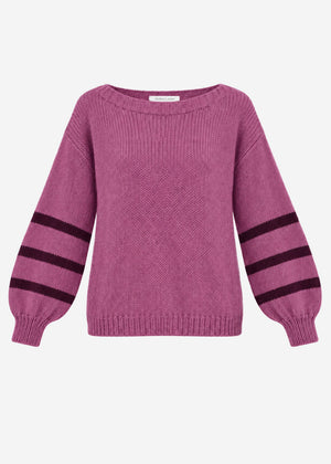 Short knit jumper with striped sleeves - berry