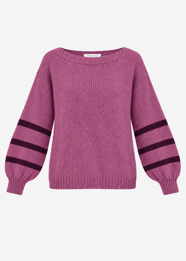 Short knit jumper with striped sleeves - berry