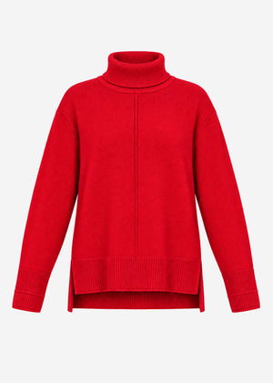 Roll neck jumper with decorative stitching - red