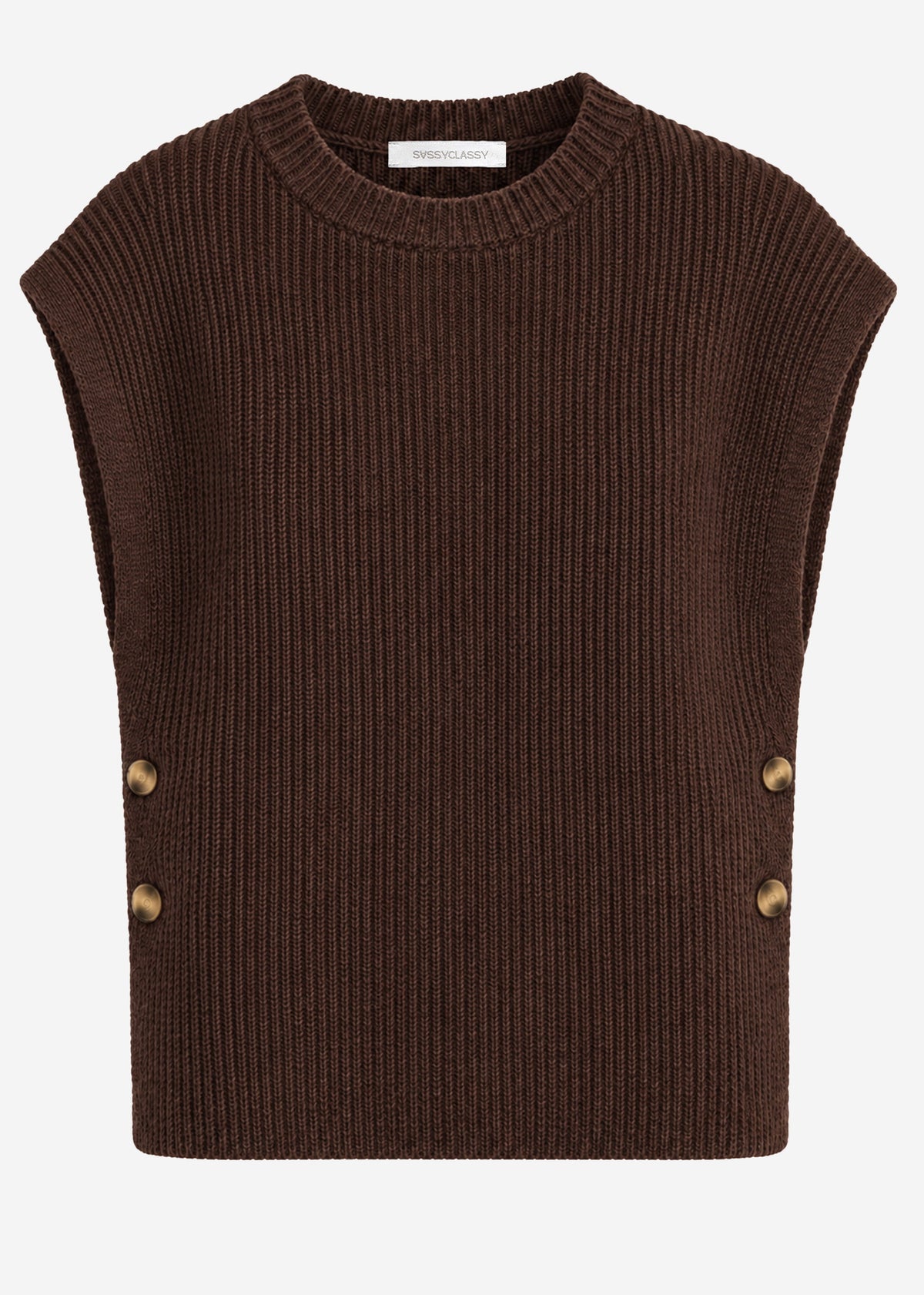 Ribbed knit sleeveless jumper with side buttons - brown