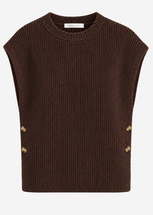 Ribbed knit sleeveless jumper with side buttons - brown