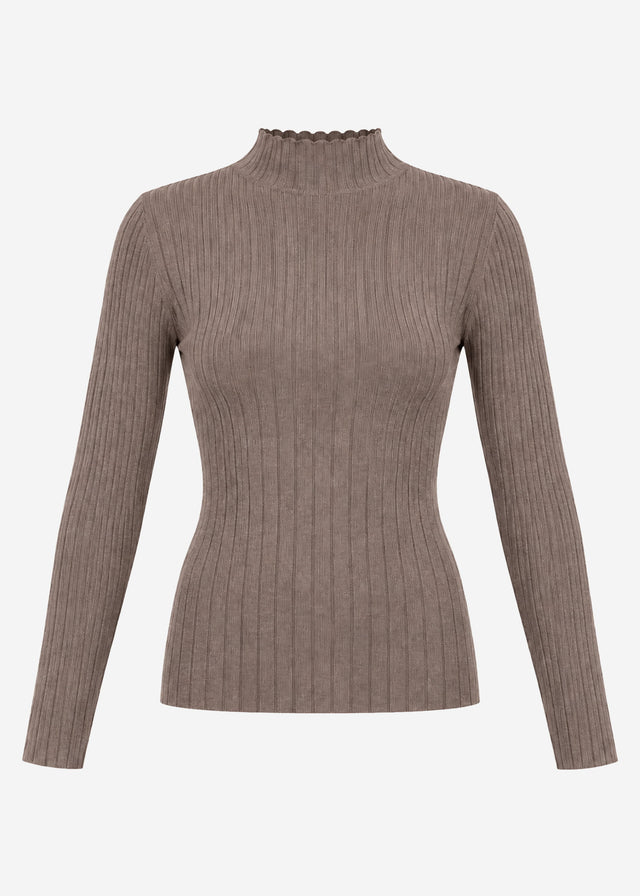 Ribbed knit top with funnel neck - taupe