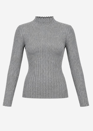 Ribbed knit top with funnel neck - dark grey
