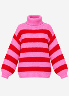 Striped oversized roll neck jumper - red-rose