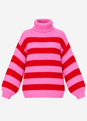 Striped oversized roll neck jumper - red-rose