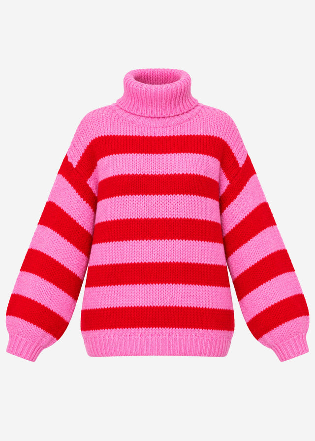 Striped oversized roll neck jumper - red-rose