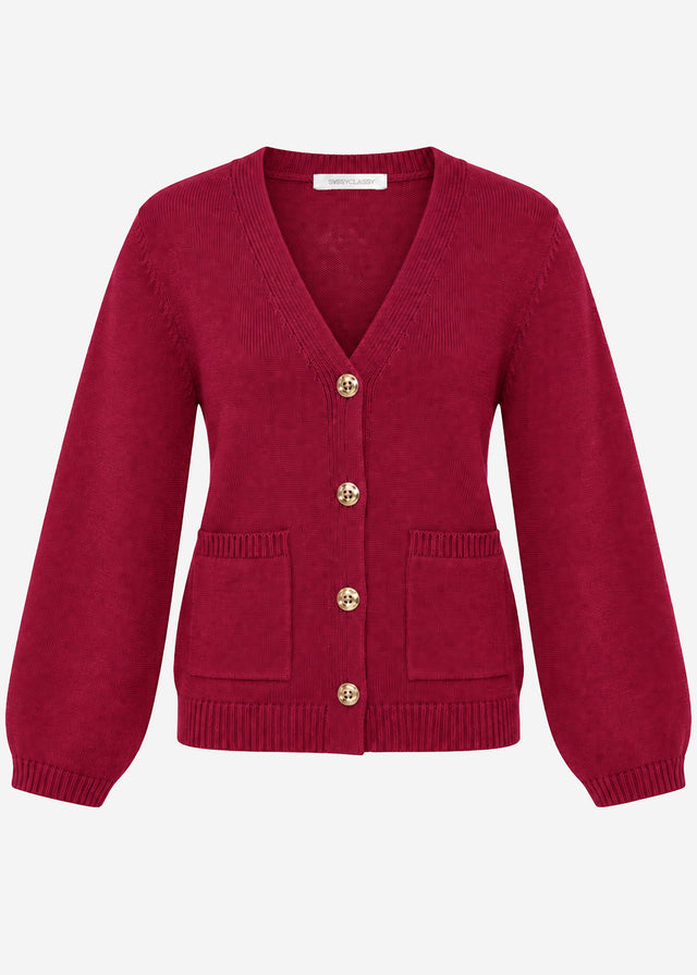 Strickjacke mit V-Ausschnitt und Goldknöpfen - beere