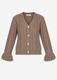 Cable knit cardigan with fringed cuffs - taupe
