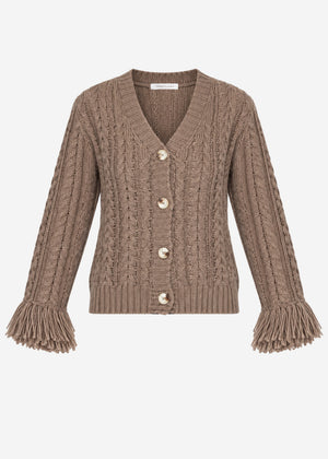 Cable knit cardigan with fringed cuffs - taupe