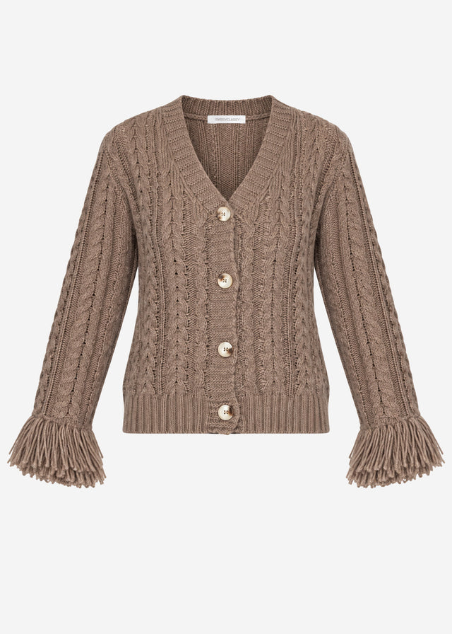 Zopfstrick-Cardigan mit Fransenbündchen - taupe