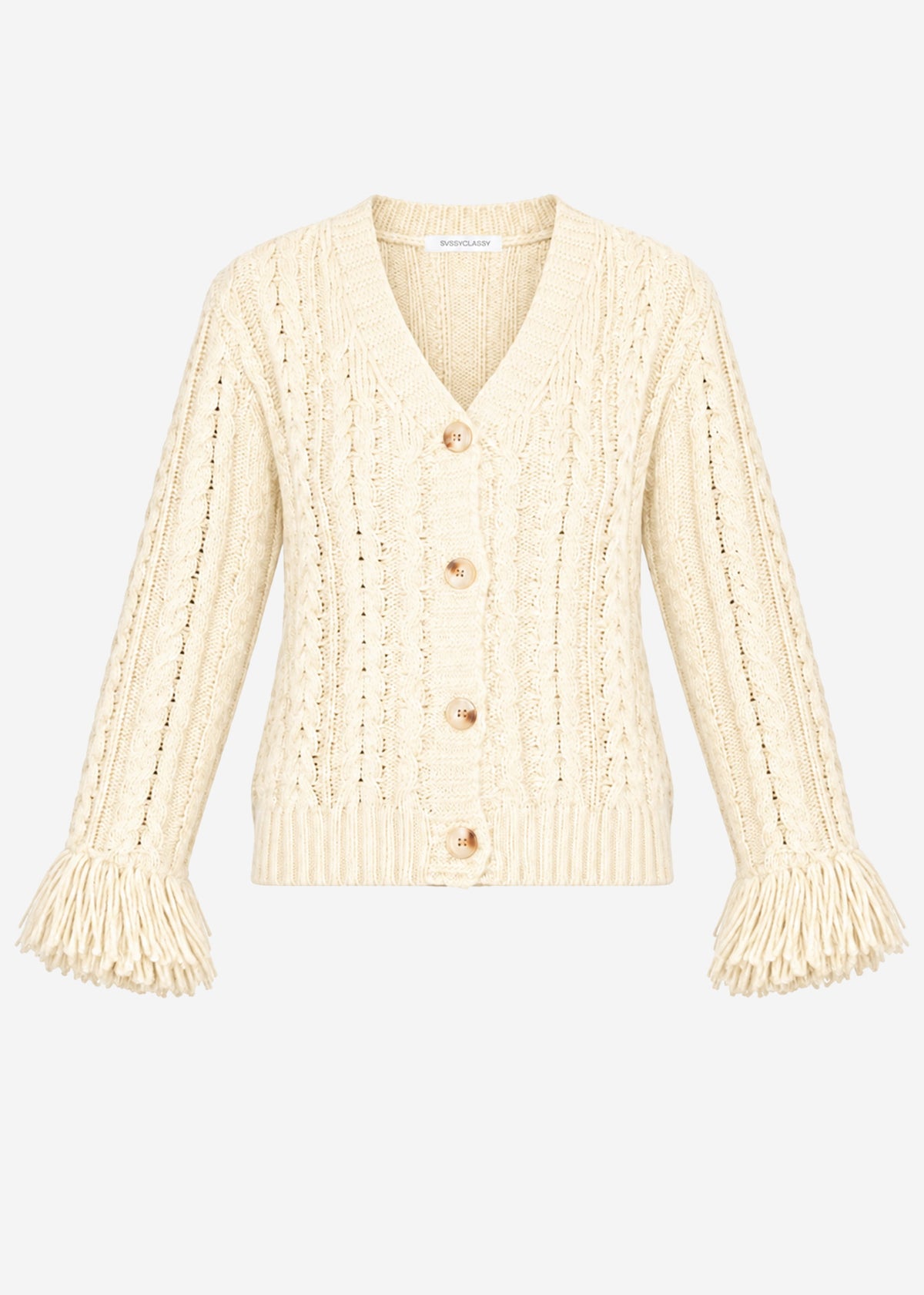 Zopfstrick-Cardigan mit Fransenbündchen - offwhite