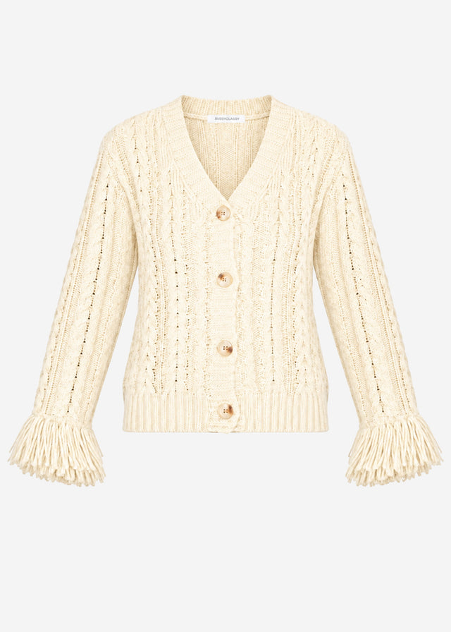 Zopfstrick-Cardigan mit Fransenbündchen - offwhite