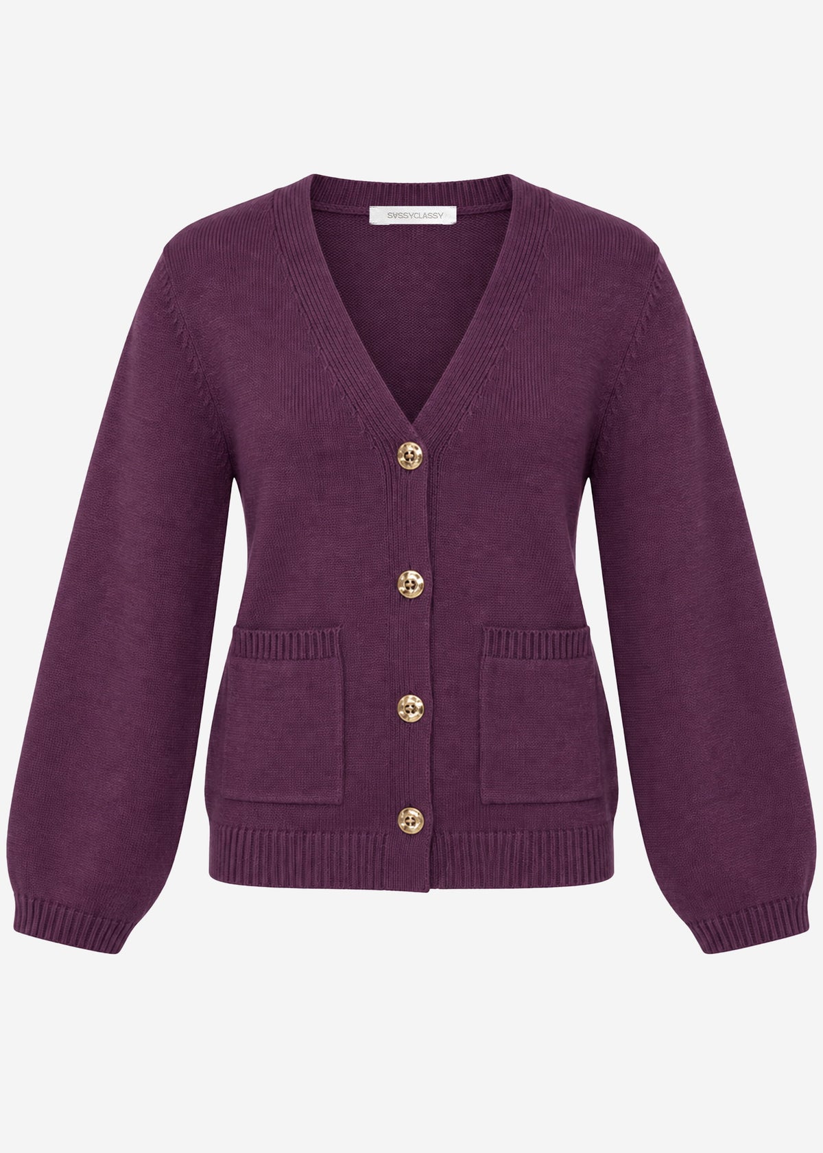 Cardigan with V-neck and gold-tone buttons - plum