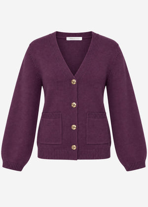 Cardigan with V-neck and gold-tone buttons - plum