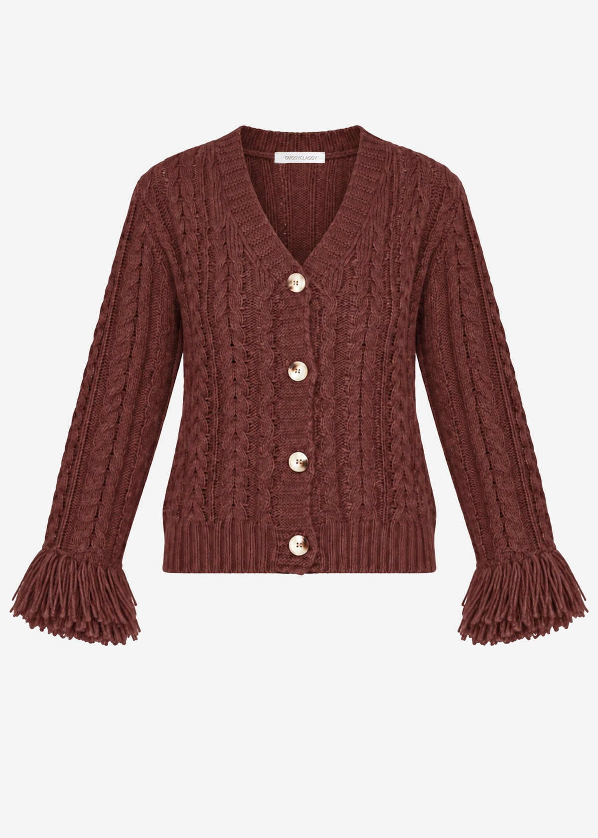 Zopfstrick-Cardigan mit Fransenbündchen - braun