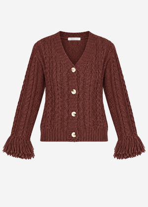 Zopfstrick-Cardigan mit Fransenbündchen - braun