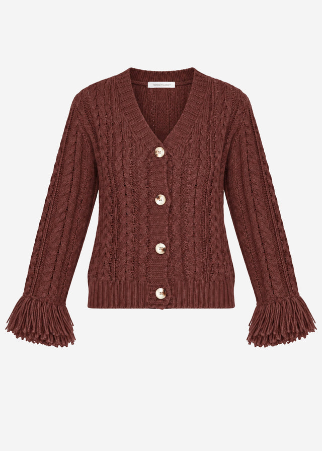 Zopfstrick-Cardigan mit Fransenbündchen - braun