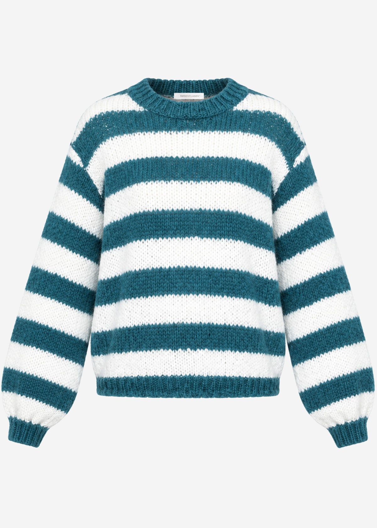 Gestreifter Grobstrickpullover - petrol-offwhite