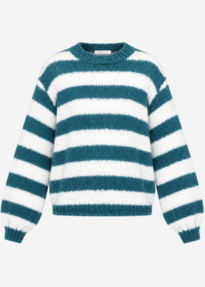 Gestreifter Grobstrickpullover - petrol-offwhite