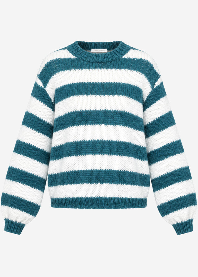 Gestreifter Grobstrickpullover - petrol-offwhite
