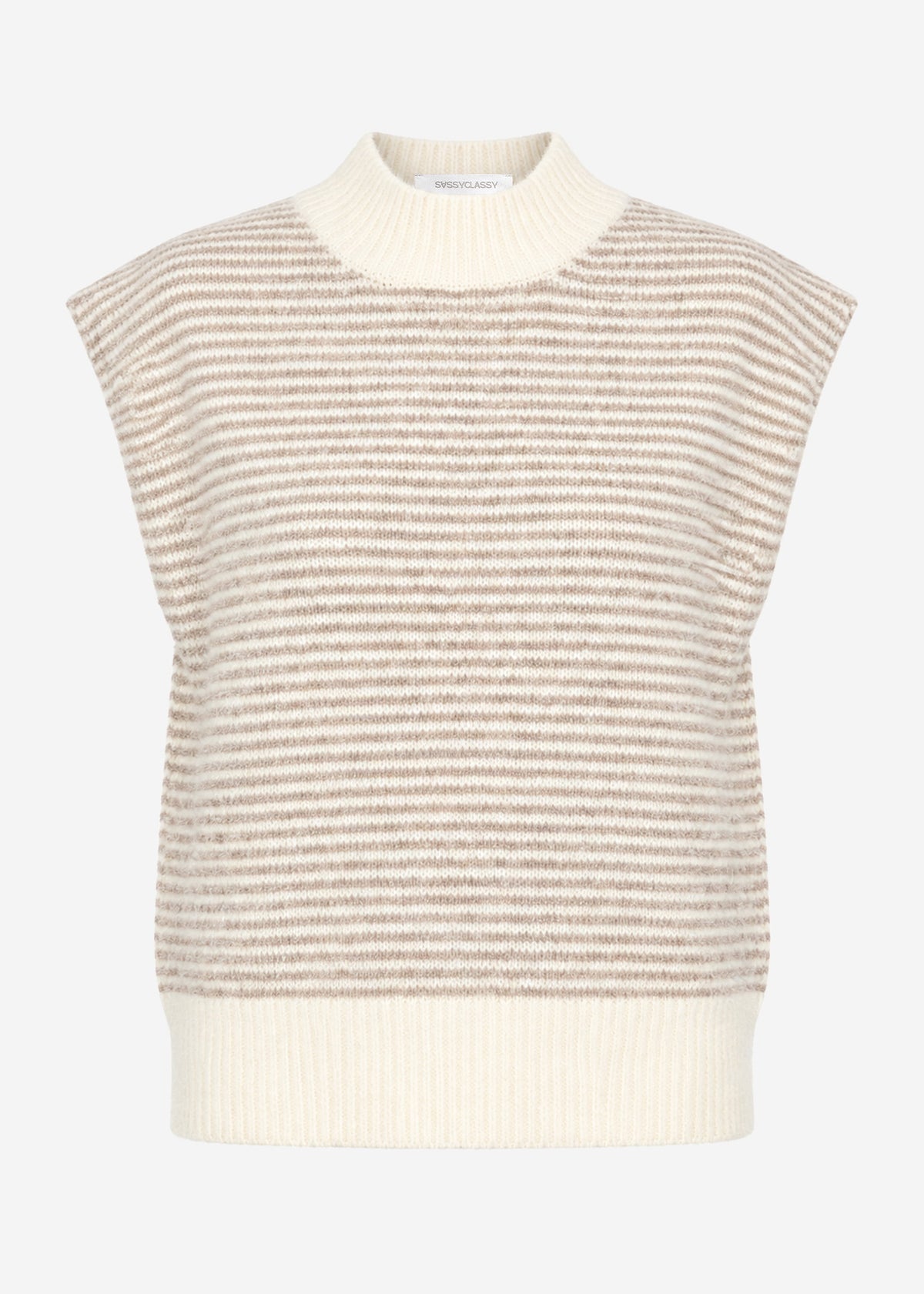 Striped sleeveless jumper with funnel neck - off-white-taupe