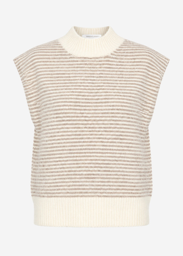 Striped sleeveless jumper with funnel neck - off-white-taupe