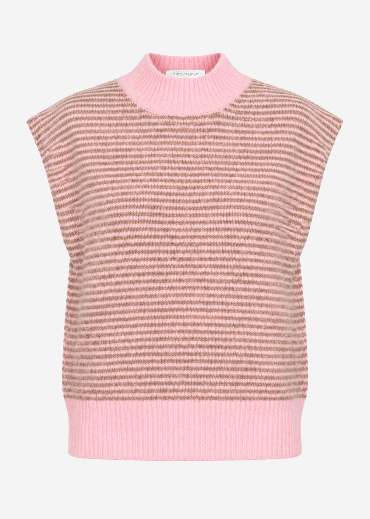 Striped sleeveless jumper with funnel neck - rose-taupe