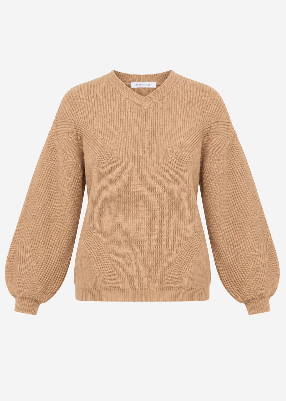 Ribbed knit jumper with a high V-neck - light brown