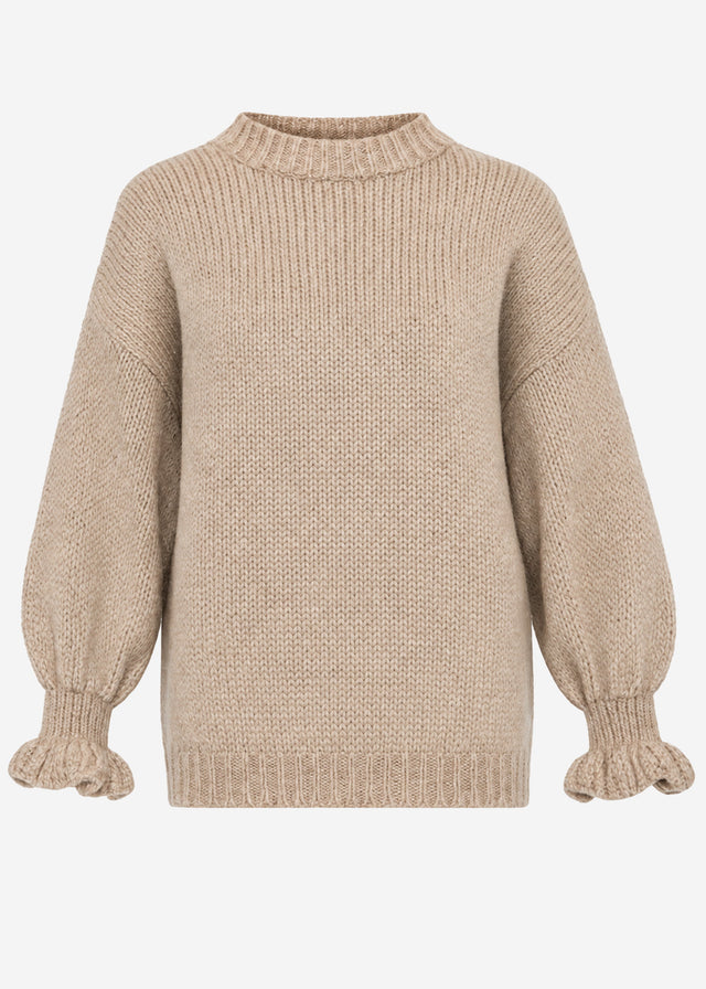 Strickpullover mit Rüschenärmeln - beige