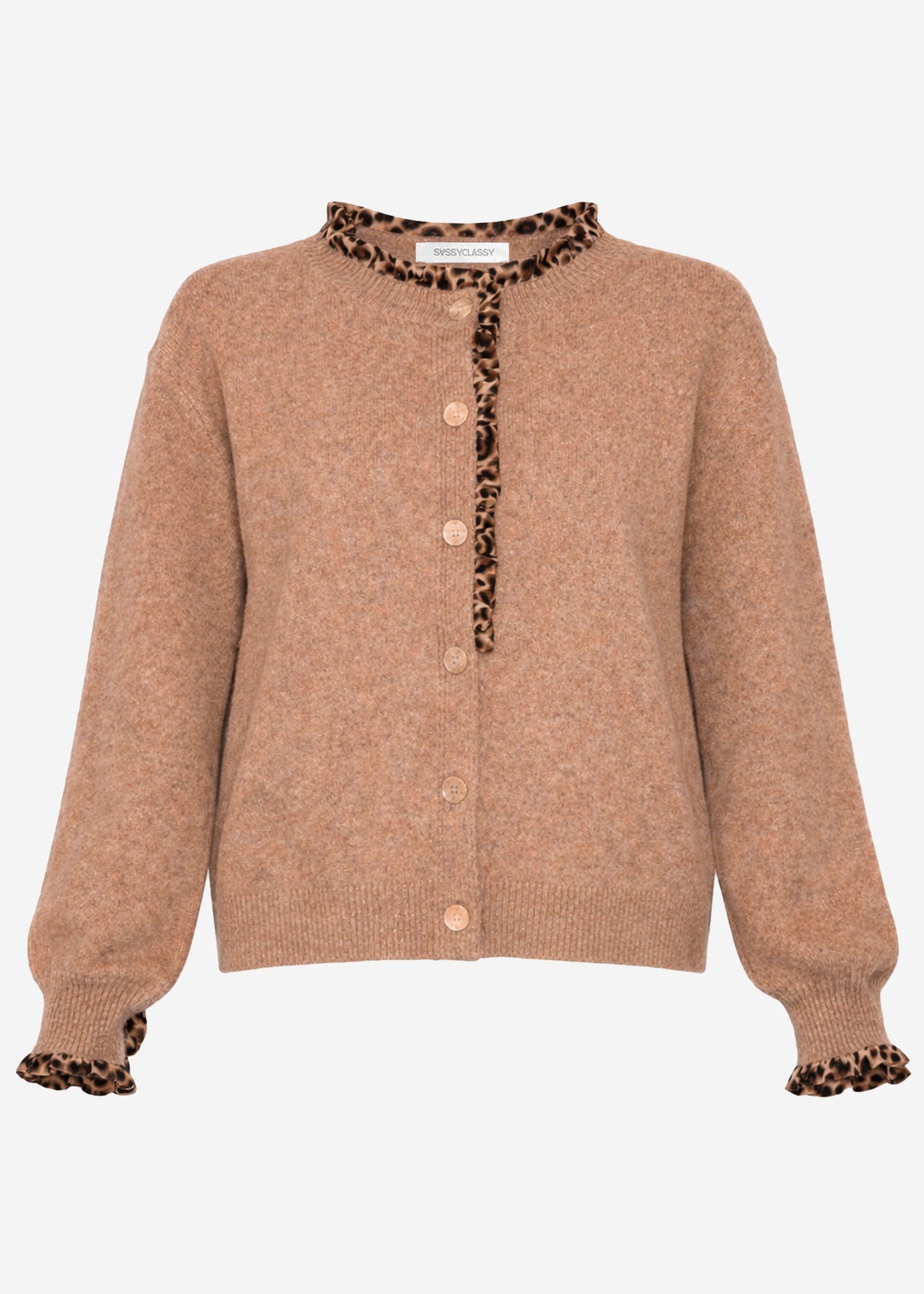 Cardigan mit Rüschen im Leo-Print - camel