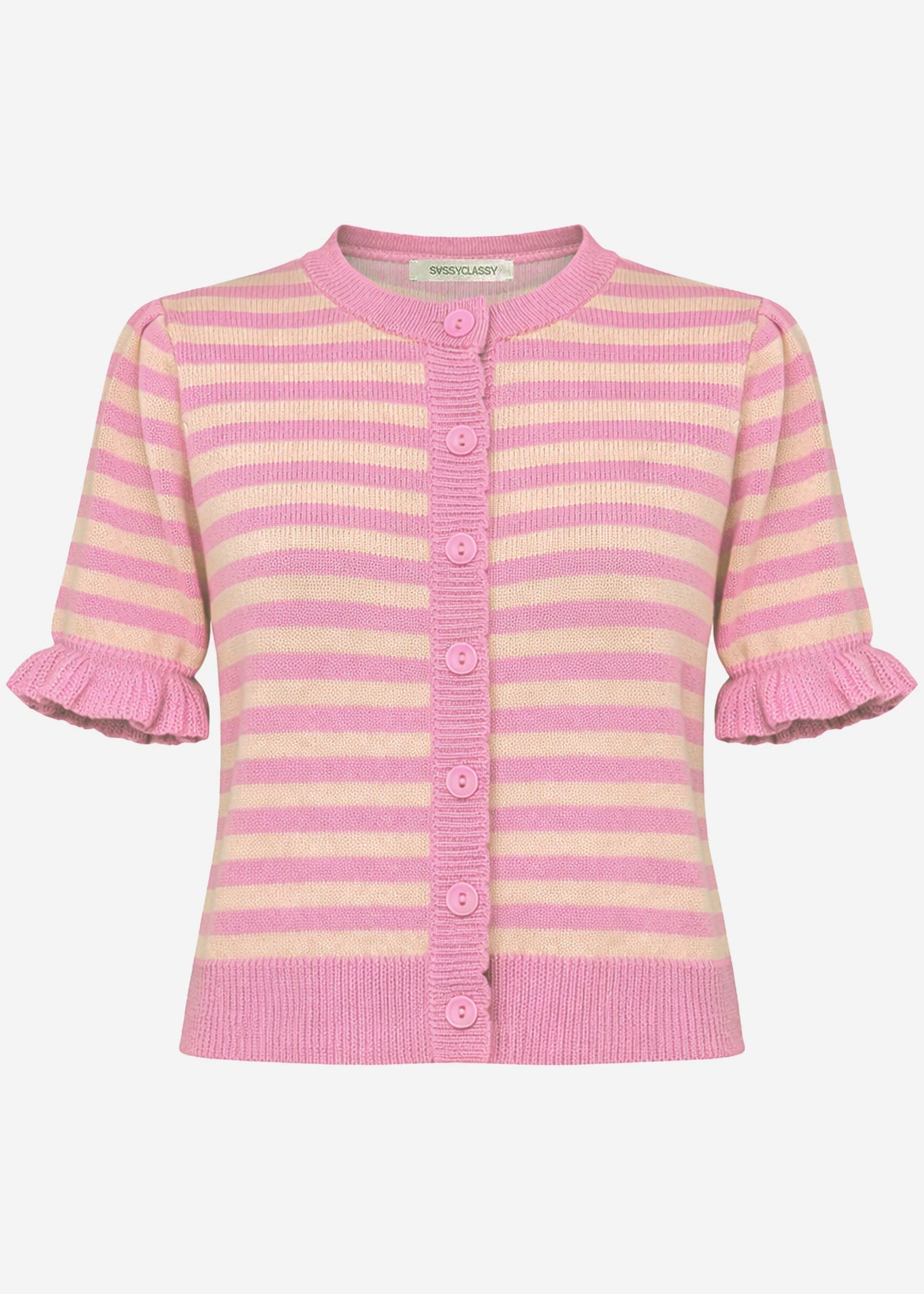 Gestreifte Kurzarm-Strickjacke mit Volants - pink-koralle