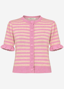 Gestreifte Kurzarm-Strickjacke mit Volants - pink-koralle