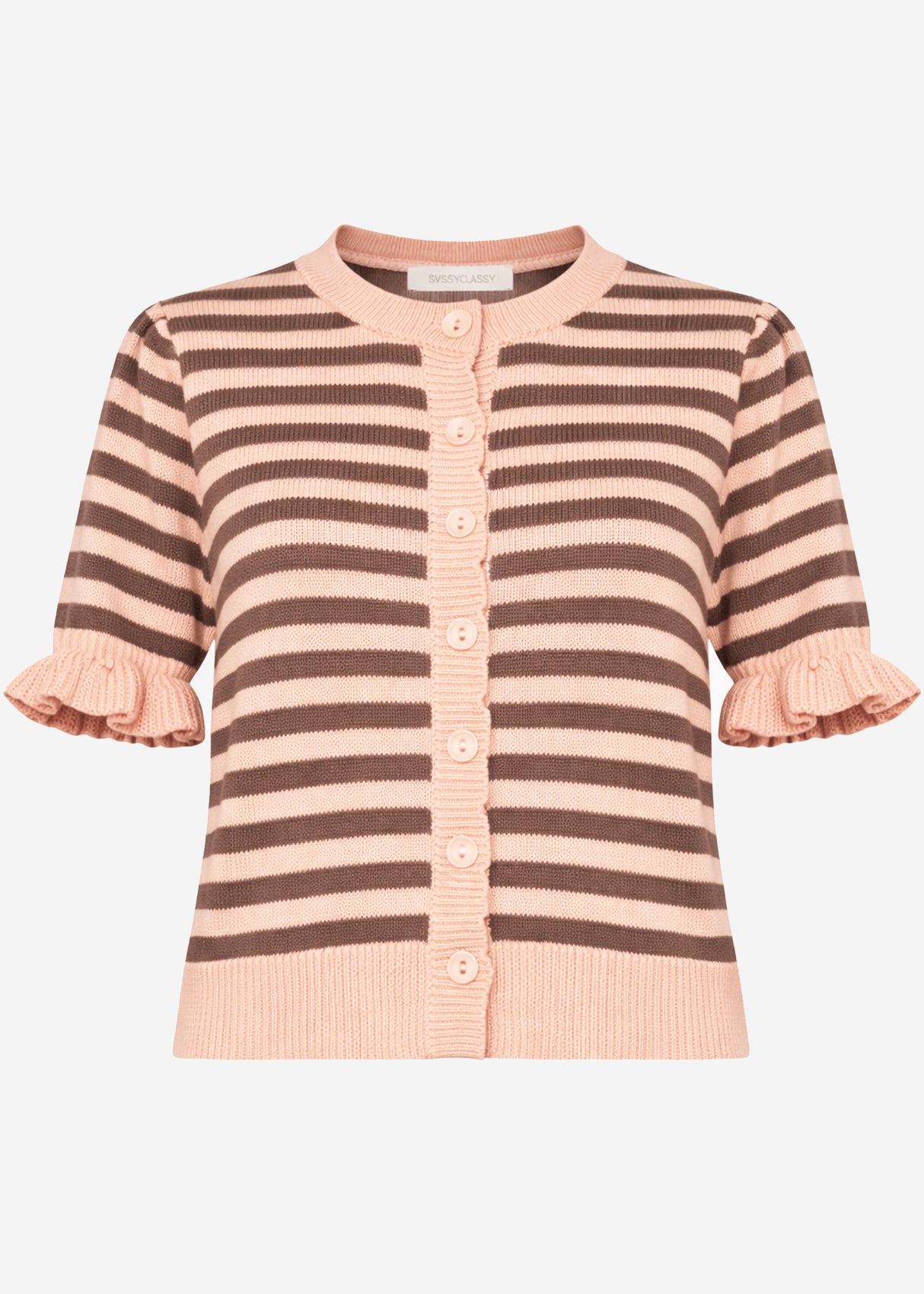 Striped short-sleeved cardigan with ruffles - pink-taupe