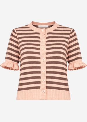 Striped short-sleeved cardigan with ruffles - pink-taupe