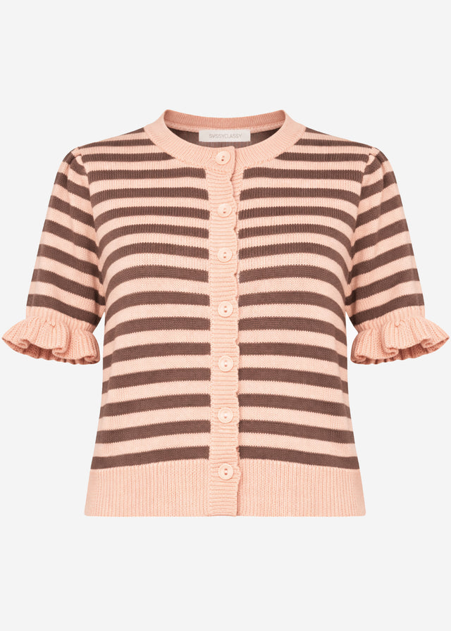 Gestreifte Kurzarm-Strickjacke mit Volants - rosa-taupe