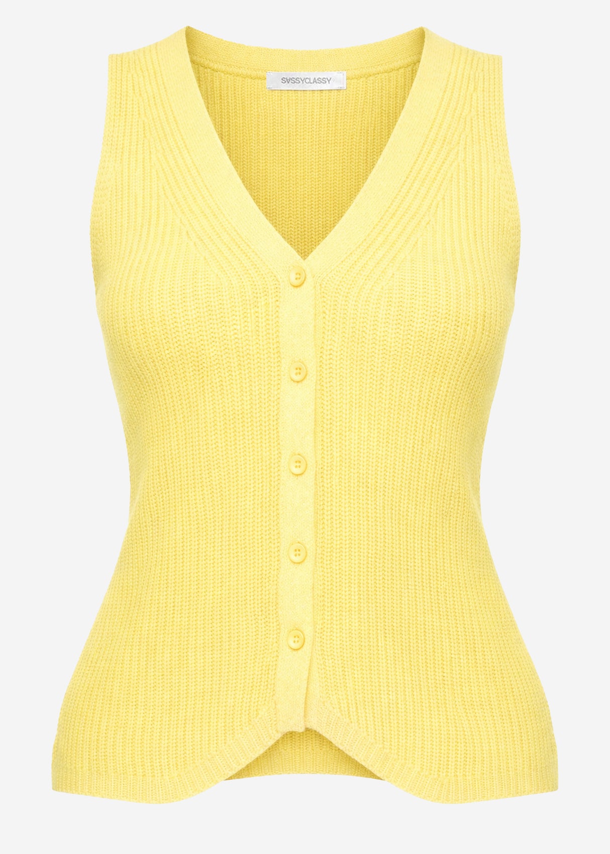 Knit top with button placket and deep V-neck - butter yellow