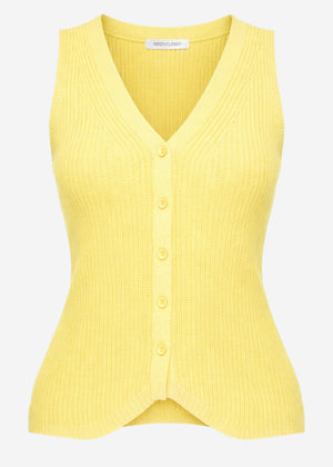 Knit top with button placket and deep V-neck - butter yellow