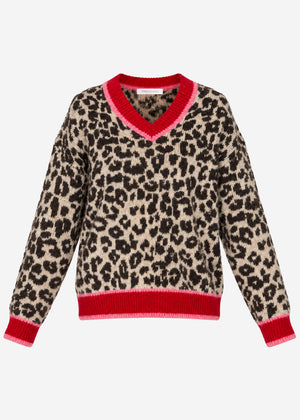 V-neck knit jumper with leopard print - red-pink