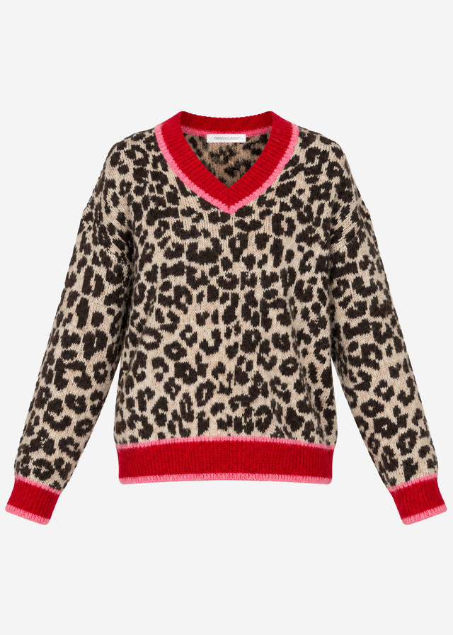 V-neck knit jumper with leopard print - red-pink