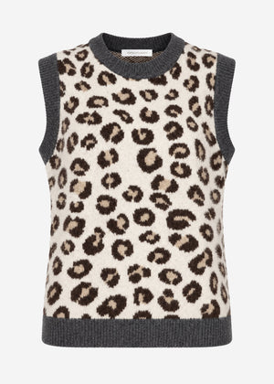 Leopard print knit sleeveless jumper - grey