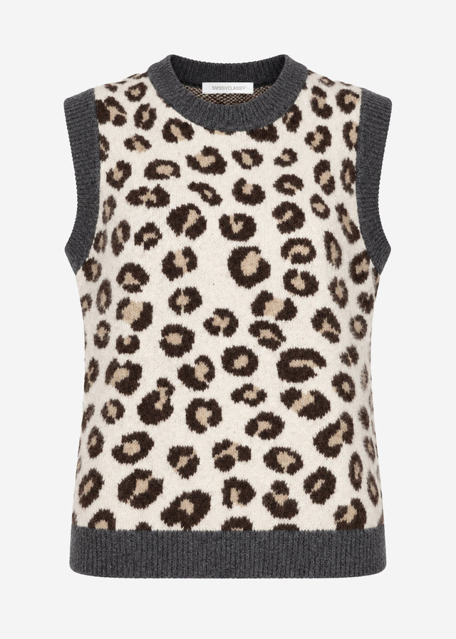 Leopard print knit sleeveless jumper - grey