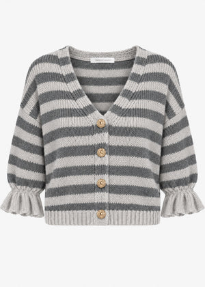 Gestreifter Cardigan mit 3/4-Ärmeln - grau