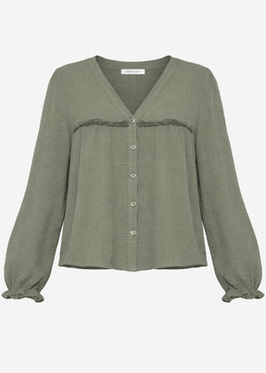 Muslin blouse with V-neck and fringe - khaki