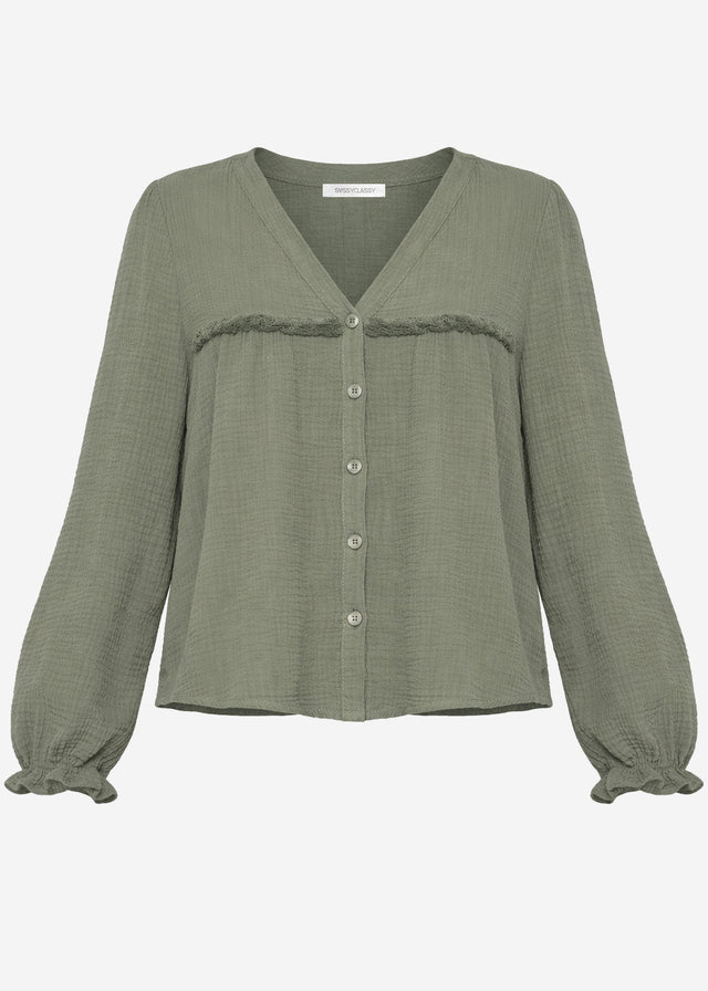 Musselin Bluse mit V-Ausschnitt und Fransen - khaki