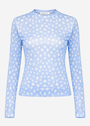 Polka dot mesh shirt with round neck - light blue