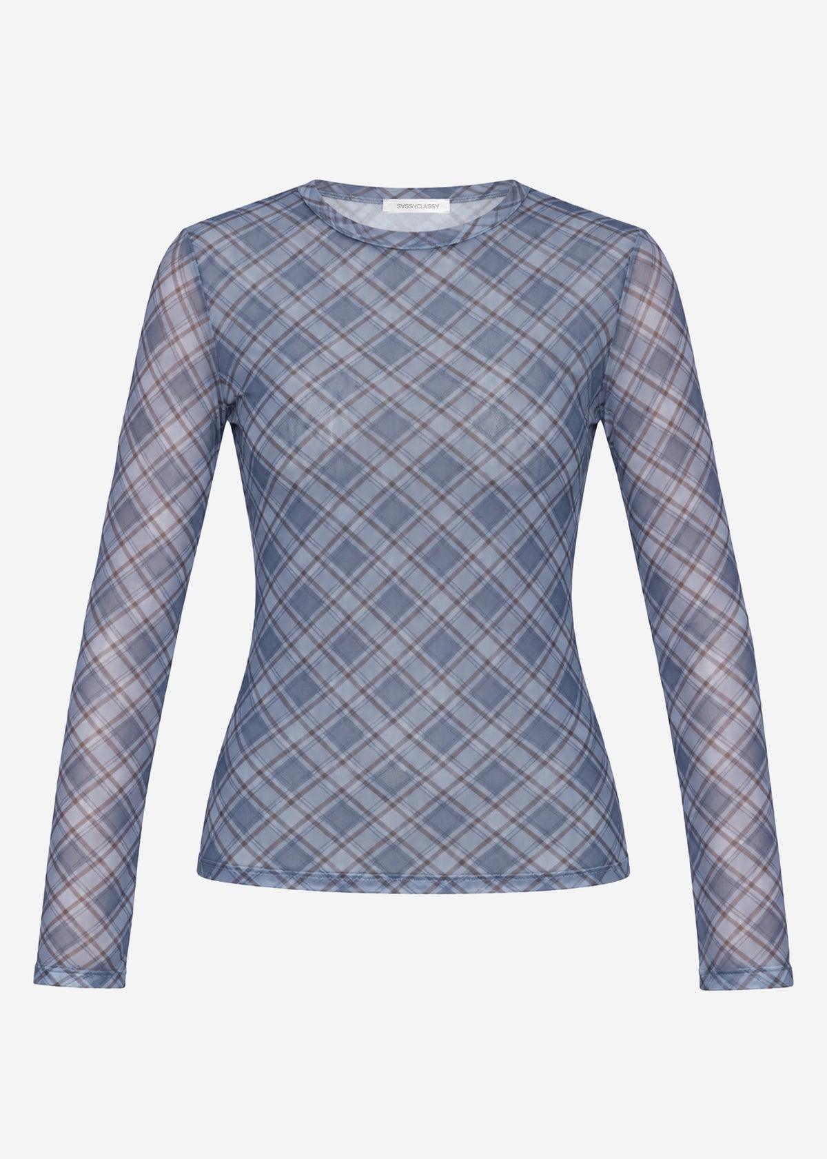 Mesh long-sleeved top with checked pattern - blue